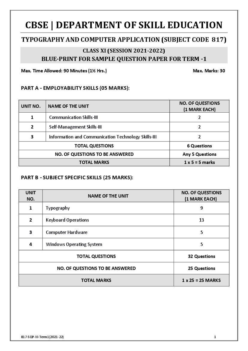 CBSE Class 11 Sample Paper 2022 for Typography and Computer Application Term 1 - Page 1