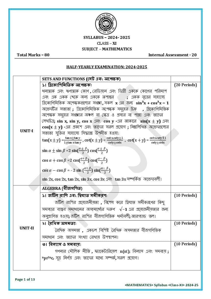 TBSE Class 11 Syllabus 2025 Mathematics - Page 1
