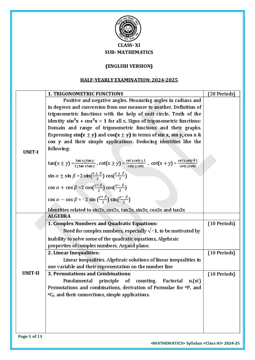 TBSE Class 11 Mathematics Syllabus 2025 (PDF) – Tripura Board Syllabus for 11th Mathematics