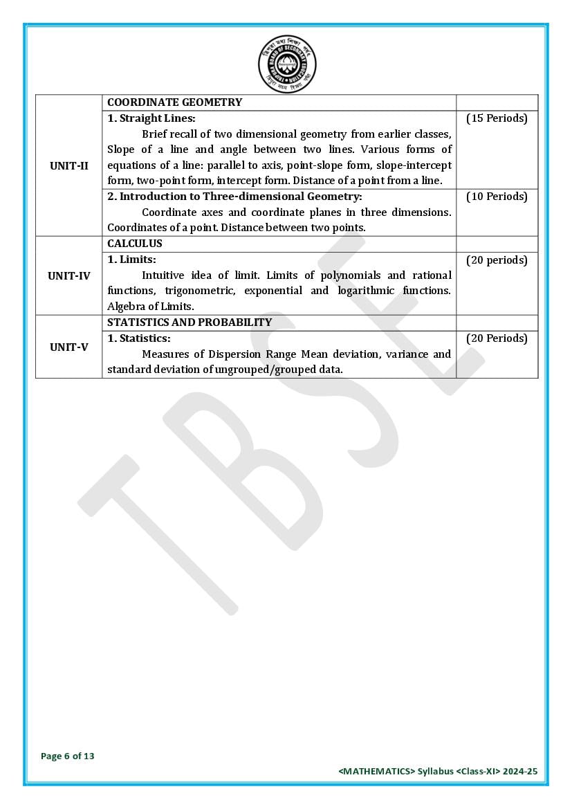TBSE Class 11 Mathematics Syllabus 2025 (PDF) – Tripura Board Syllabus for 11th Mathematics