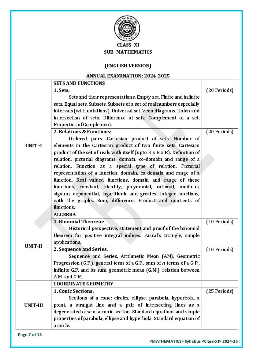 TBSE Class 11 Mathematics Syllabus 2025 (PDF) – Tripura Board Syllabus for 11th Mathematics