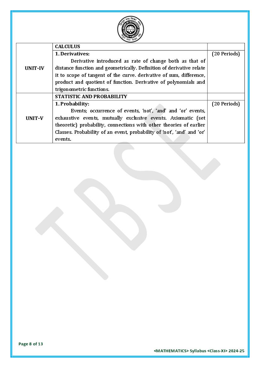 TBSE Class 11 Mathematics Syllabus 2025 (PDF) – Tripura Board Syllabus for 11th Mathematics