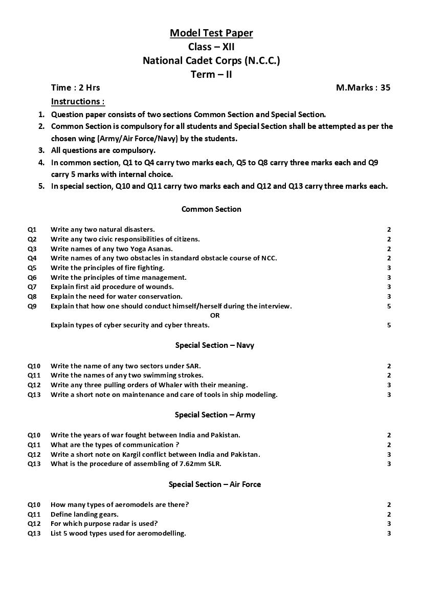 PSEB 12th Model Test Paper 2022 NCC Term 2 - Page 1