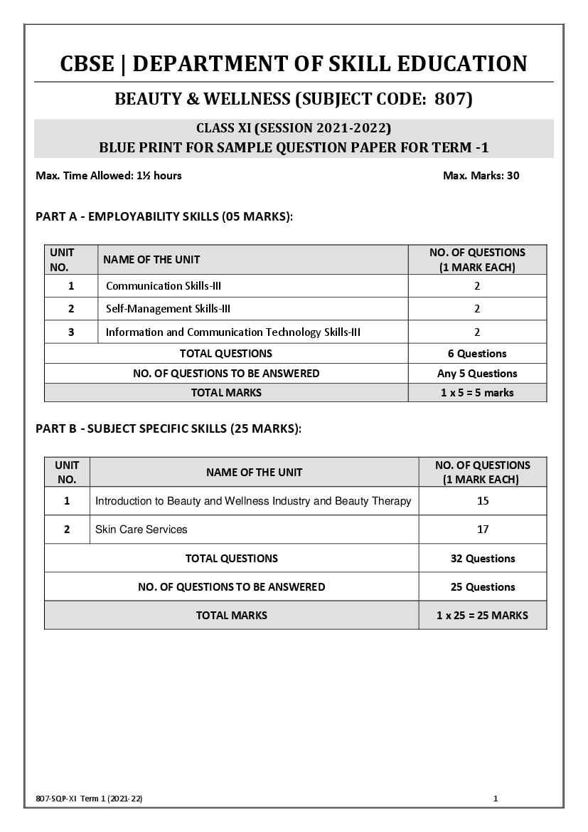 CBSE Class 11 Sample Paper 2022 for Beauty And Wellness Term 1 - Page 1