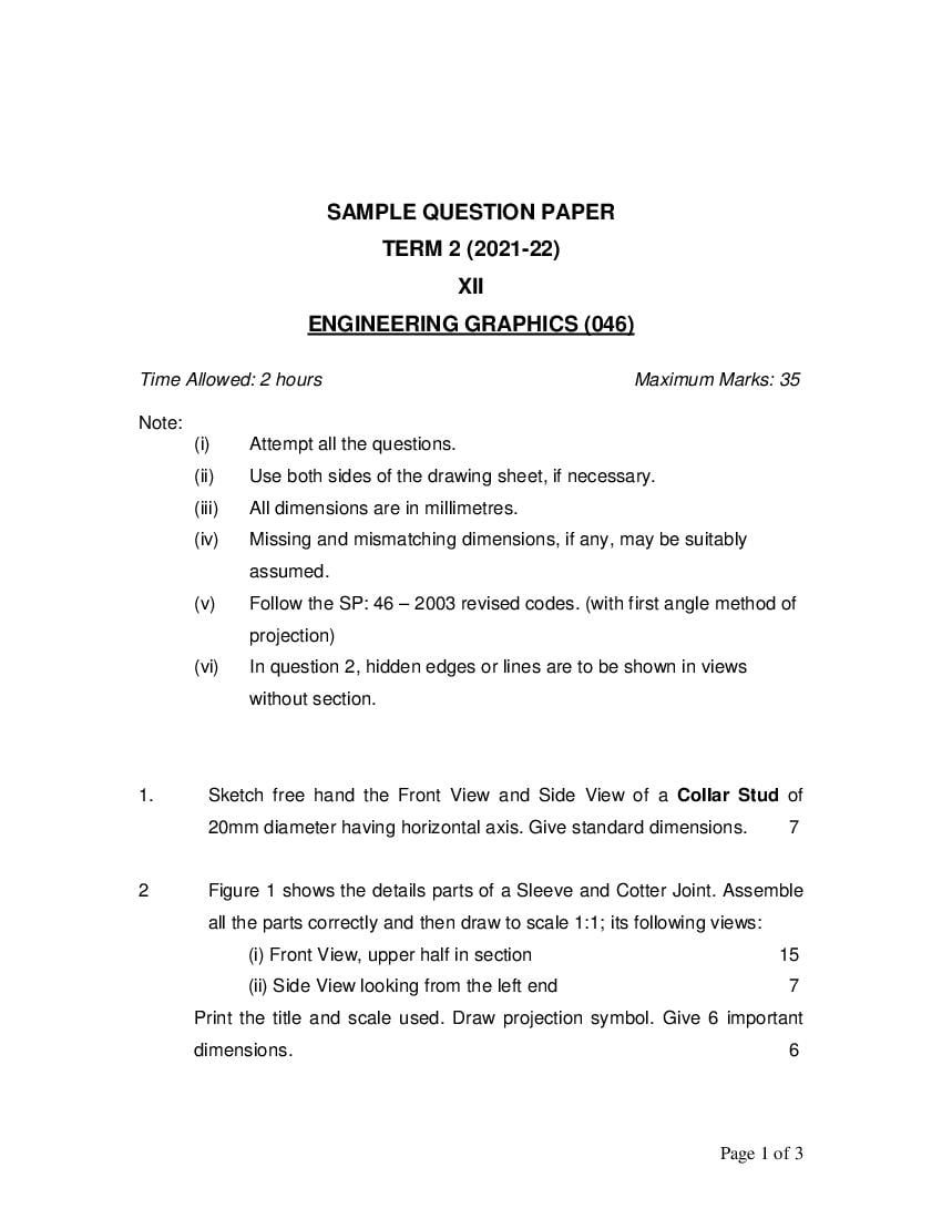 CBSE Class 12 Sample Paper 2022 for Engineering Graphics Term 2 - Page 1