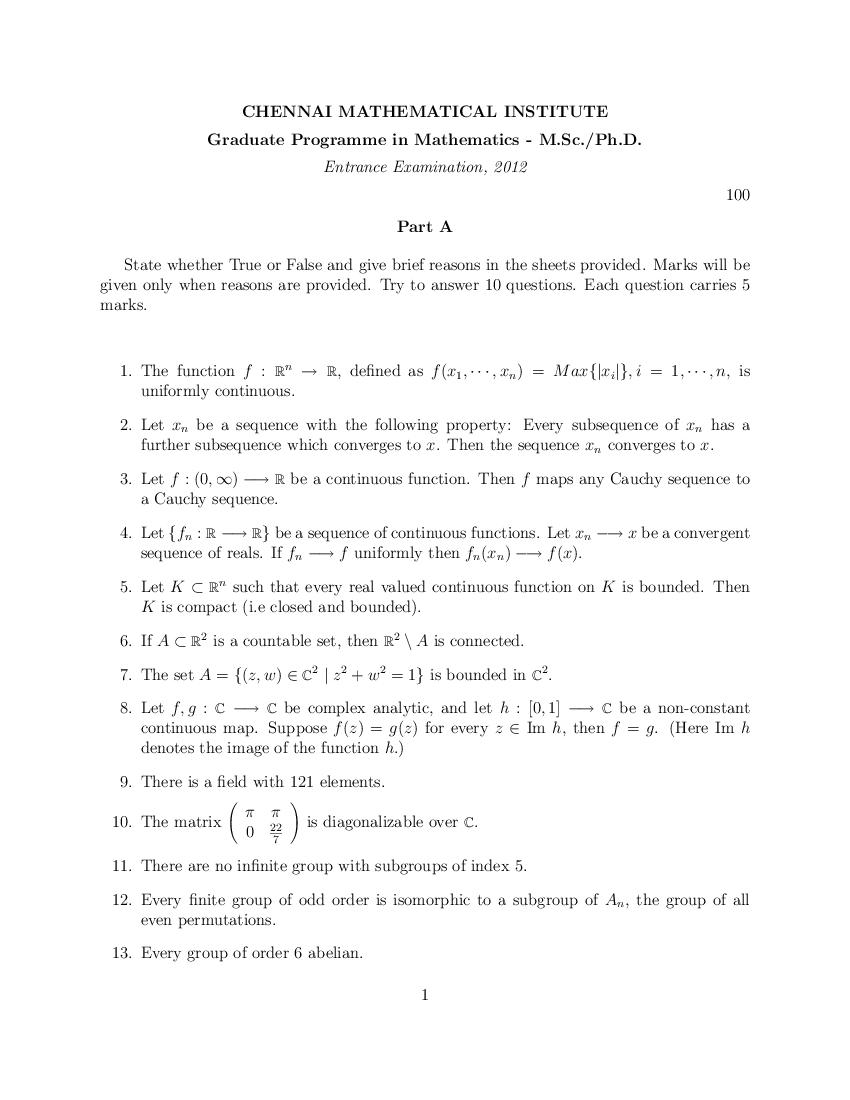 CMI Entrance Exam 2012 Question Paper for M.Sc or Ph.D Mathematics - Page 1