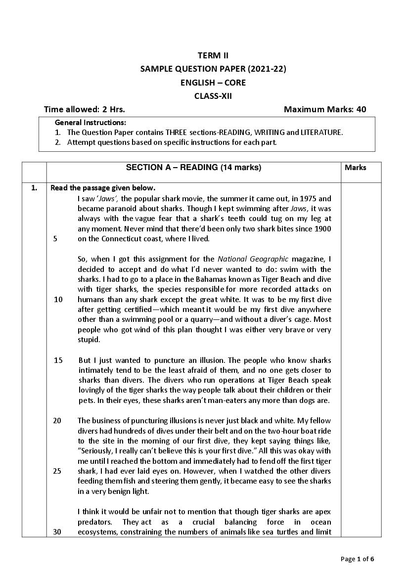 CBSE Class 12 Sample Paper 2022 for English Core Term 2 - Page 1
