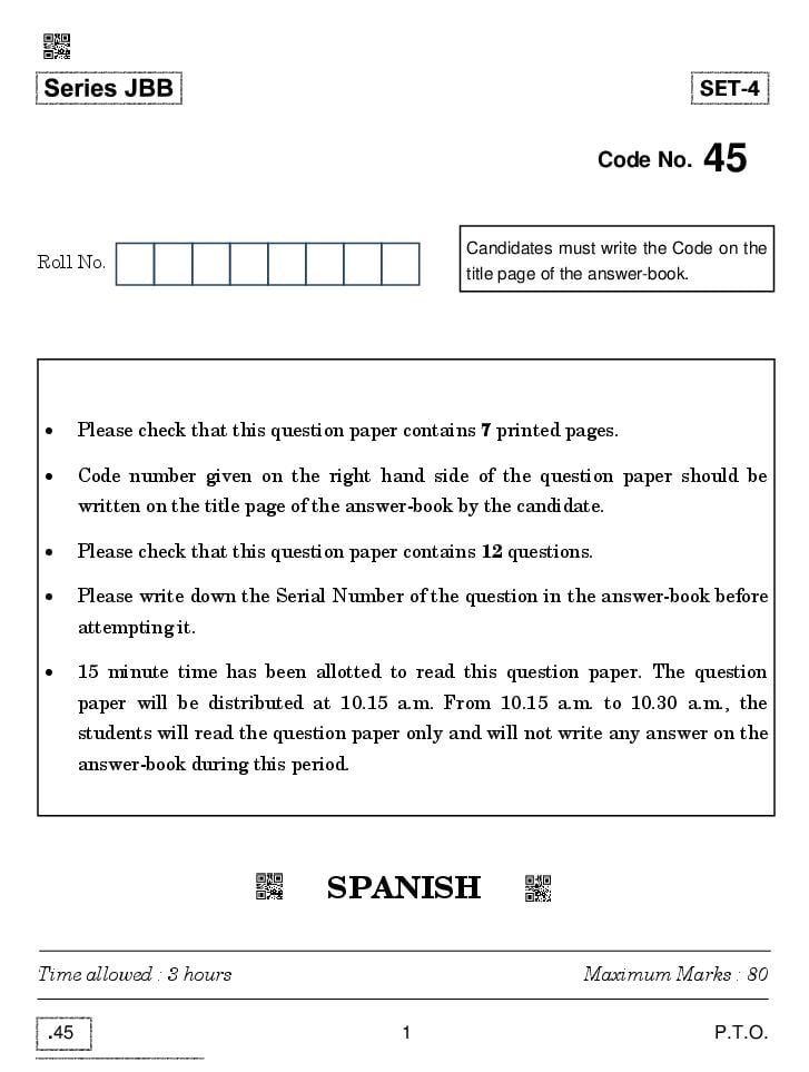 CBSE Class 10 Spanish Question Paper 2020 - Page 1