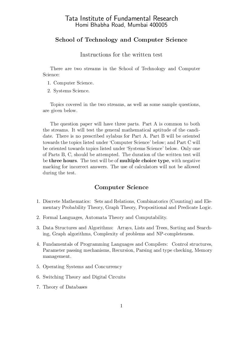 TIFR GS Syllabus and Sample Paper Computer Scinece System Science - Page 1
