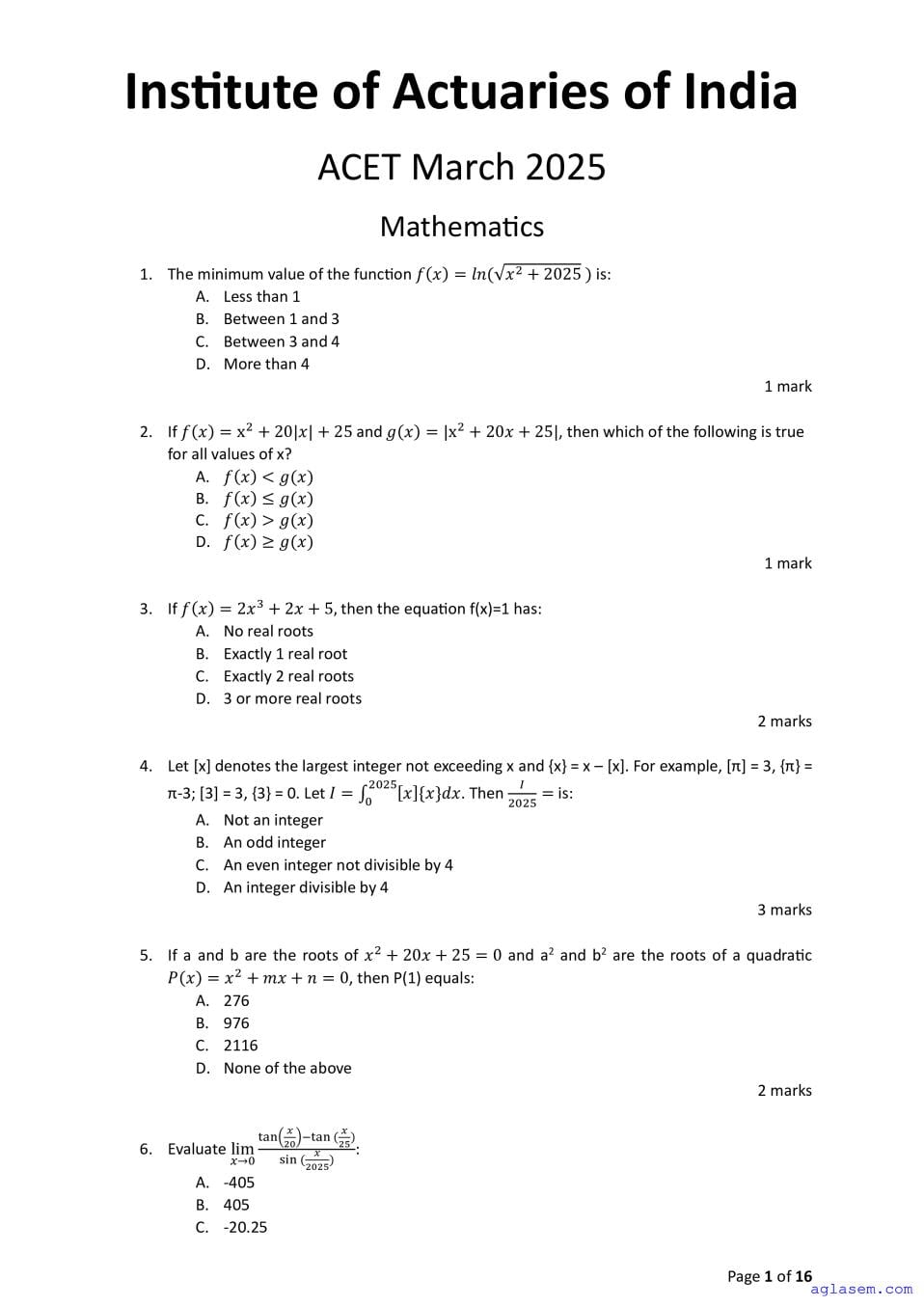 ACET Mar 2025 Question Paper - Page 1 of 16