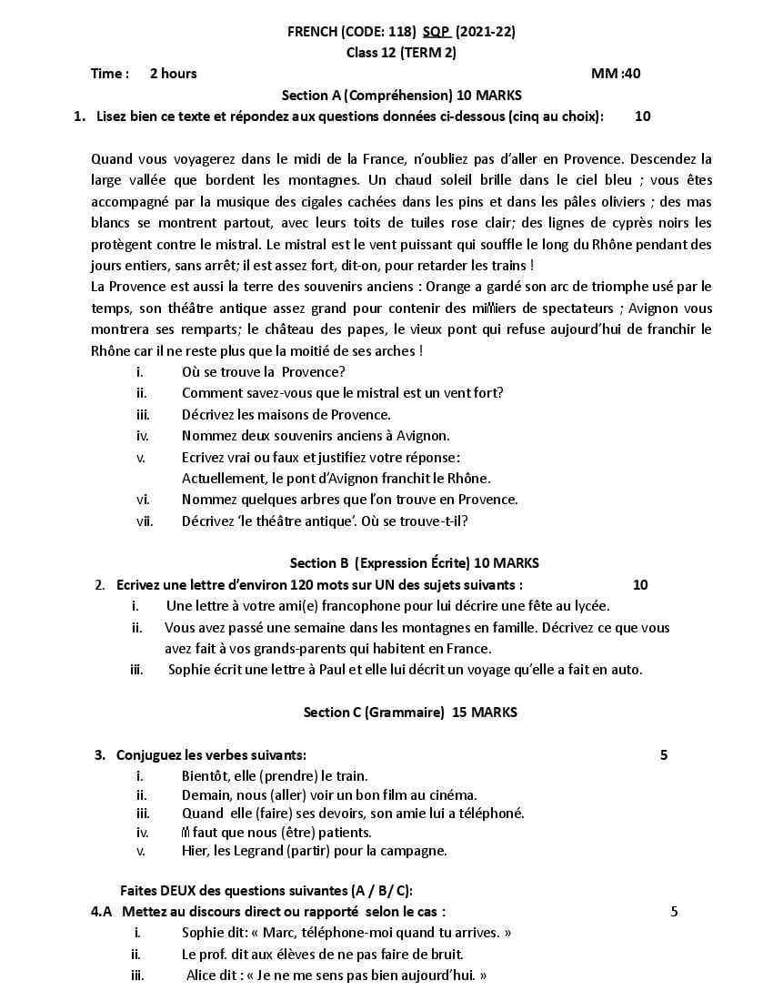 CBSE Class 12 Sample Paper 2022 for French Term 2 - Page 1
