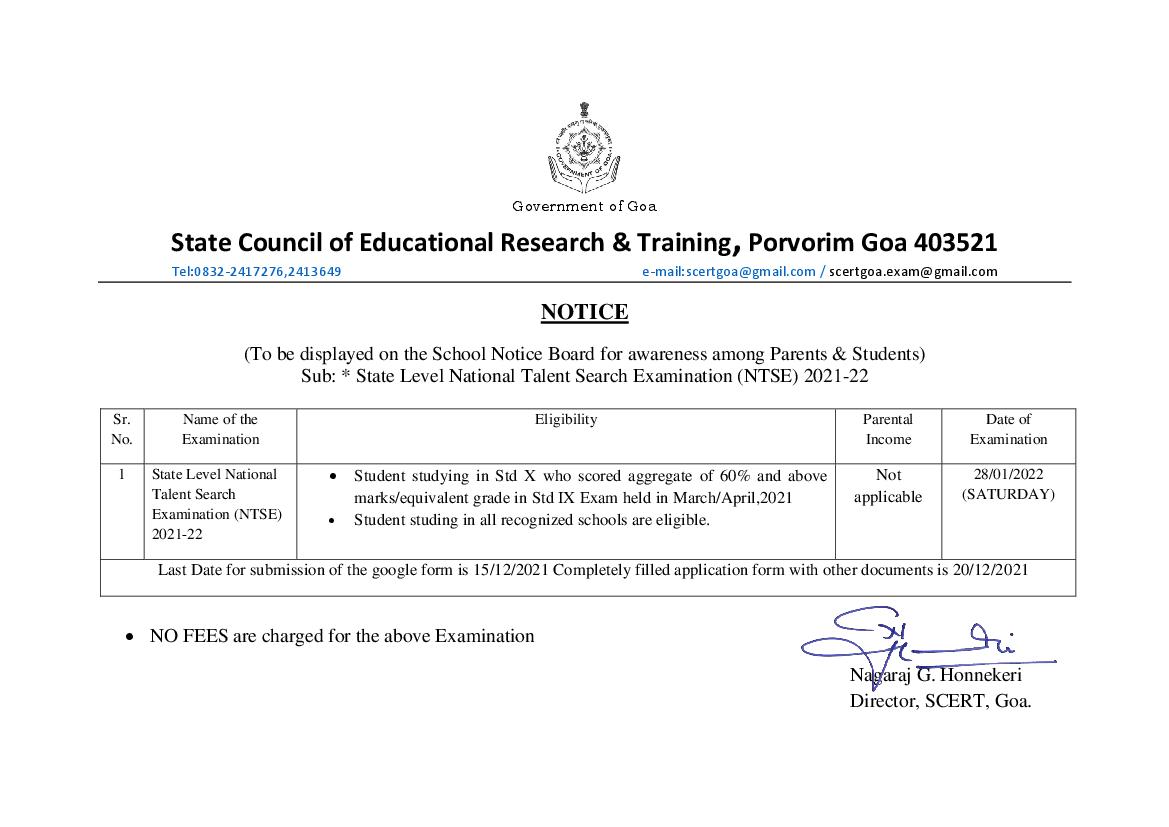 Goa NTSE Stage 1 2021 - 2022 Exam Date - Page 1