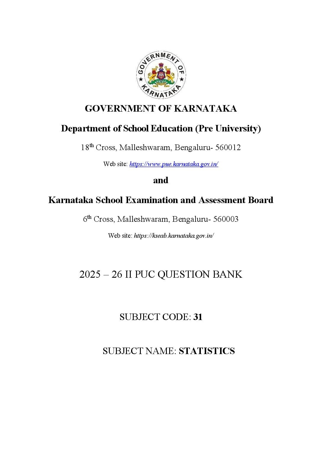 Karnataka 2nd PUC Question Bank 2026 Statistics - Page 1 of 155