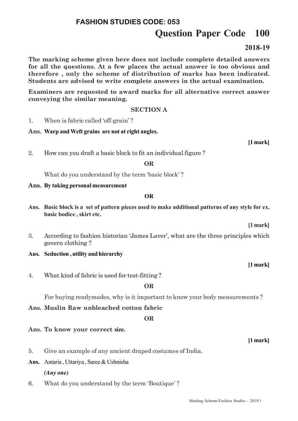 CBSE Class 12 Fashion Studies Question Paper 2019 Solutions - Page 1
