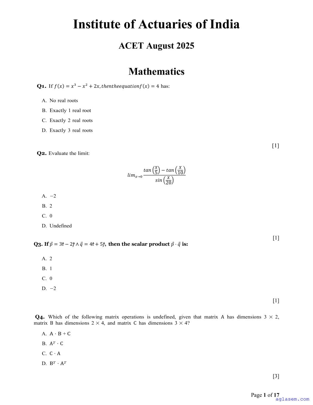 ACET Aug 2025 Question Paper - Page 1 of 17