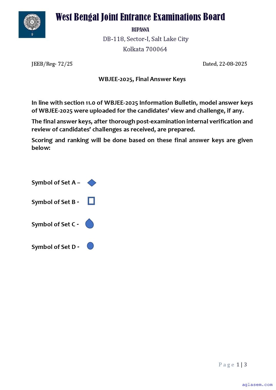 WBJEE 2025 Answer Key - Page 1 of 3