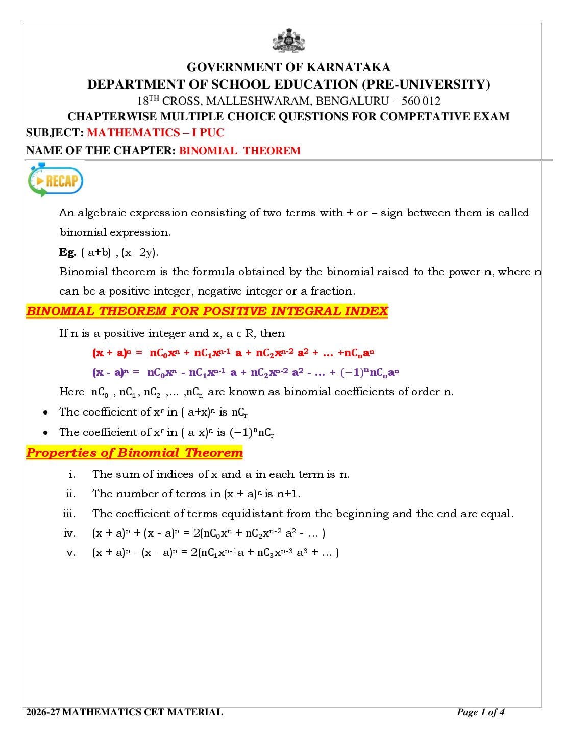 Karnataka 1st PUC Mathematics Binomial Theorem MCQ with Answers - Page 1 of 4