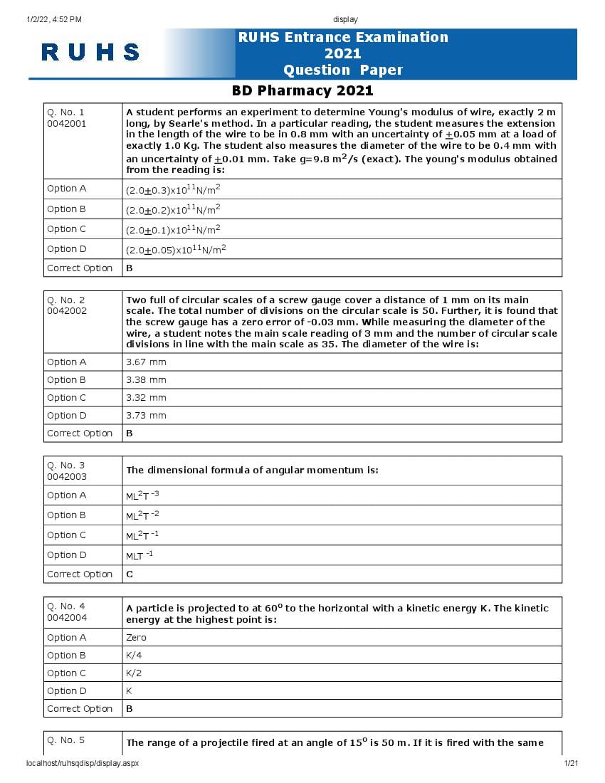 RUHS Pharmacy 2021 Question Paper - Page 1