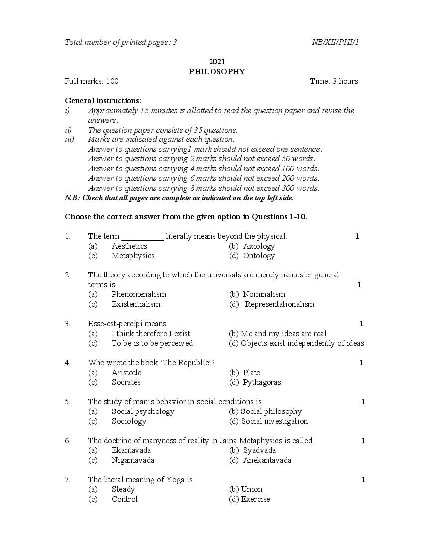 NBSE Class 12 Question Paper 2021 for Philosophy - Page 1