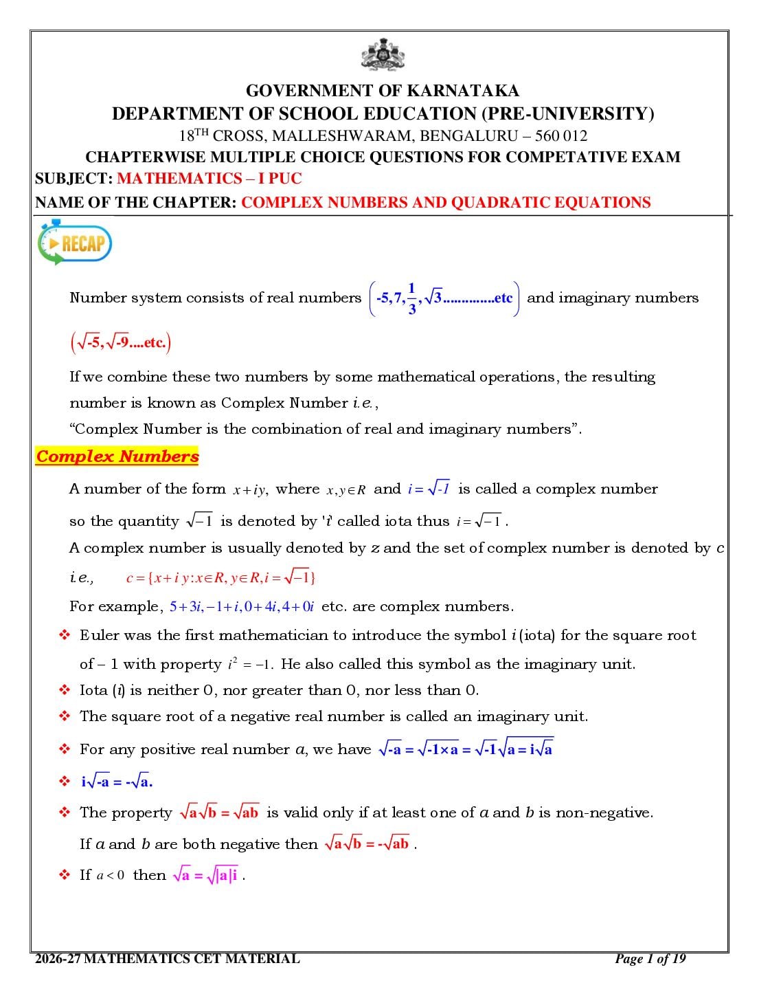 Karnataka 1st PUC Mathematics Complex Numbers and Quadratic Equations MCQ with Answers - Page 1 of 19