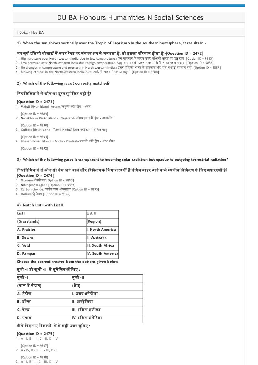 DUET 2021 Question Paper BA Honours Humanities and Social Sciences - Page 1