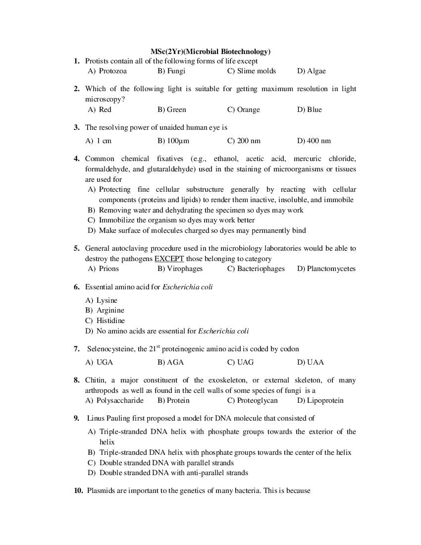 PU CET PG 2017 Question Paper MSc_2Yr__Microbial Biotechnology_ - Page 1