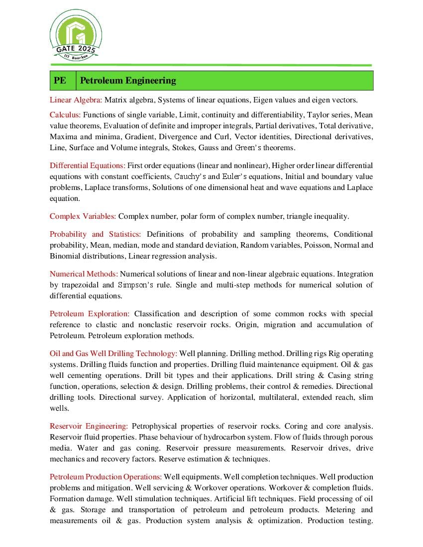 GATE 2025 Syllabus for Petroleum Engineering - Page 1