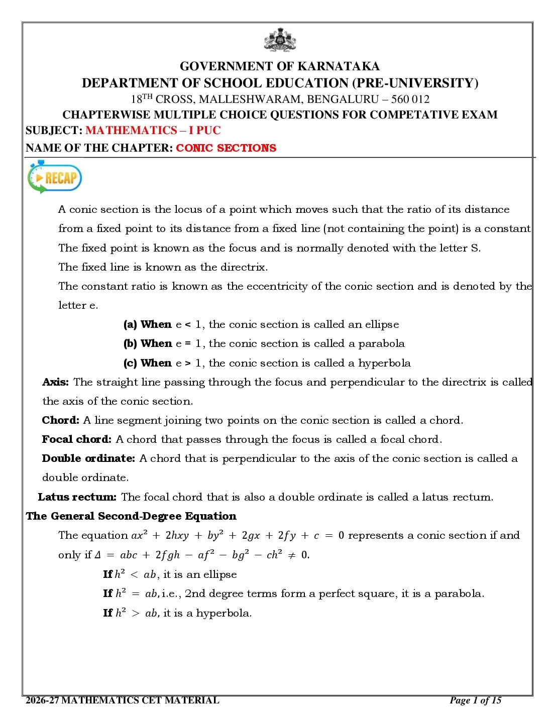 Karnataka 1st PUC Mathematics Conic Sections MCQ with Answers - Page 1 of 15