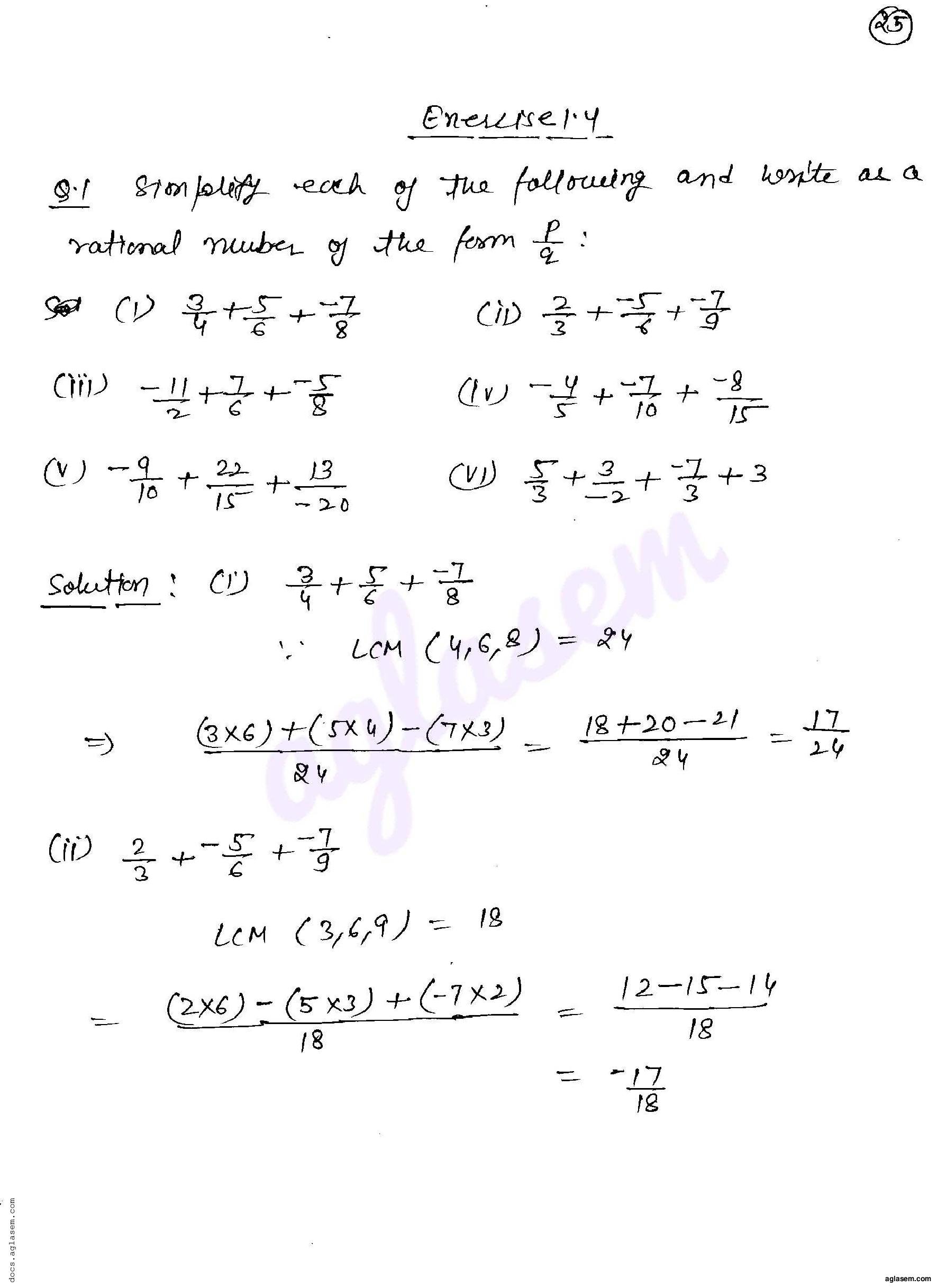 RD Sharma Solutions Class 8 Chapter 1 Rational Numbers Exercise 1.4 - Page 1