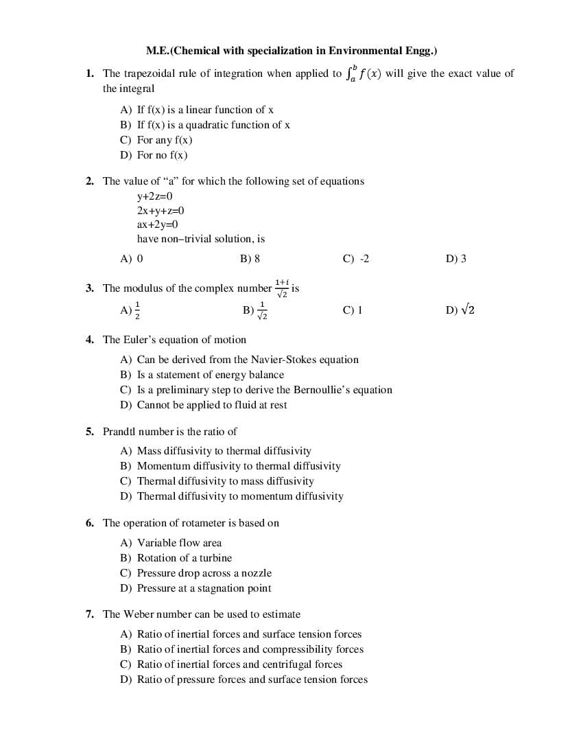 PU CET PG 2017 Question Paper M.E._Chemical with specialization in Environmental Engg._ - Page 1