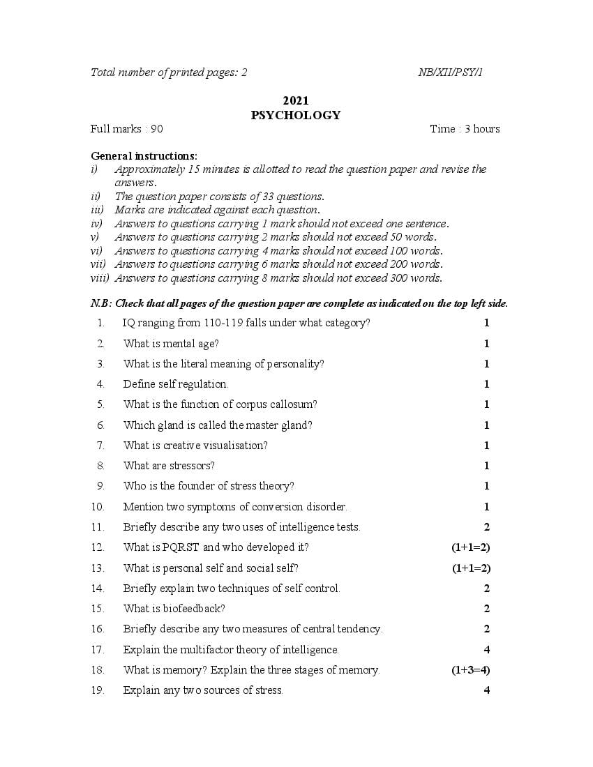NBSE Class 12 Question Paper 2021 for Psychology - Page 1