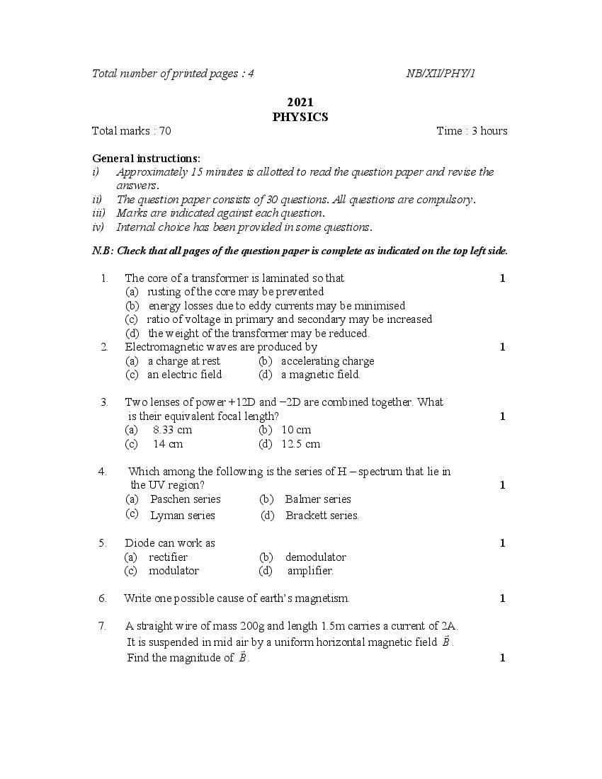 NBSE Class 12 Question Paper 2021 For Physics