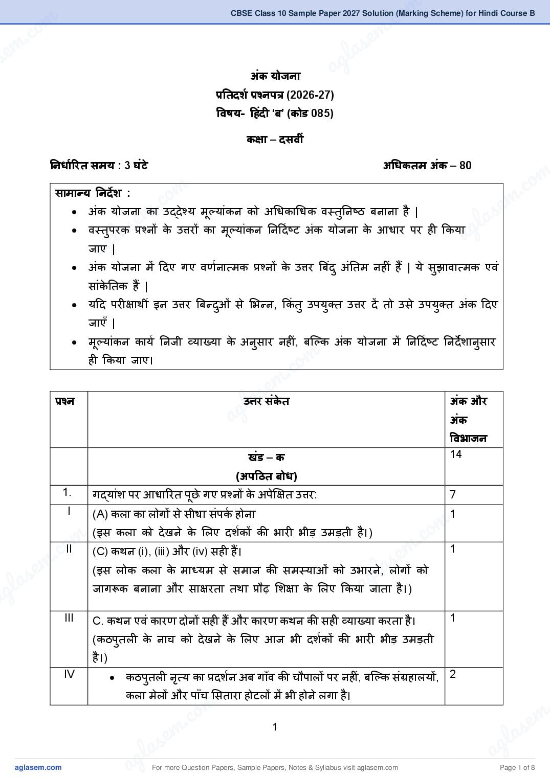 CBSE Class 10 Sample Paper 2027 Solution (Marking Scheme) for Hindi Course B - Page 1 of 8