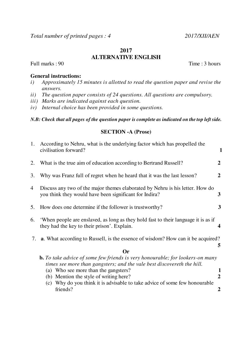 NBSE Class 12 Question Paper 2017 for Alternative English - Page 1