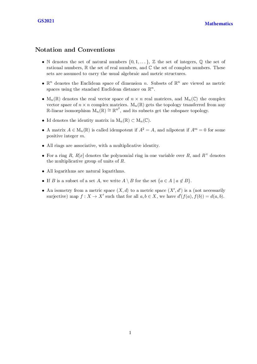 TIFR GS 2021 Question Paper Mathematics - Page 1