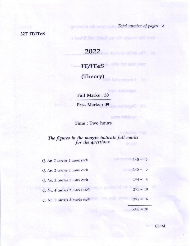 AHSEC HS 2nd Year Question Paper 2022 IT ITES - Page 1