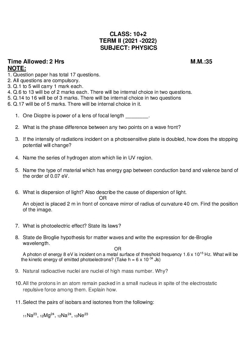 PSEB 12th Model Test Paper 2022 Physics Term 2 - Page 1