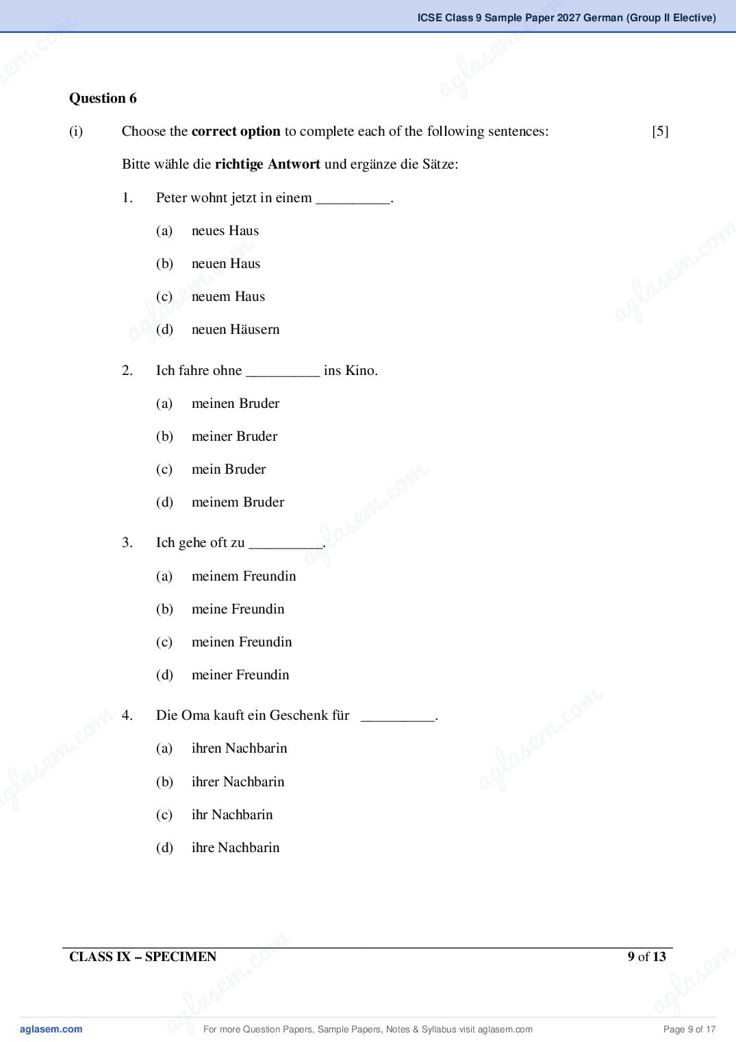 ICSE Class 9 German (Group II Elective) Specimen Paper 2027 (PDF)