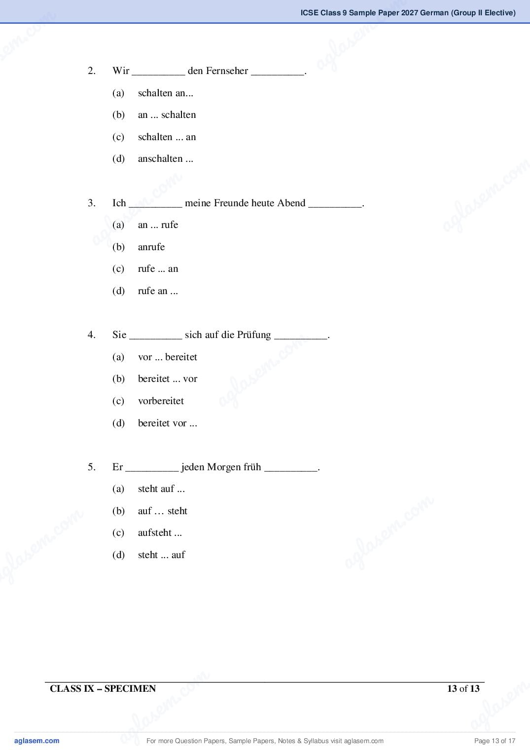 ICSE Class 9 German (Group II Elective) Specimen Paper 2027 (PDF)