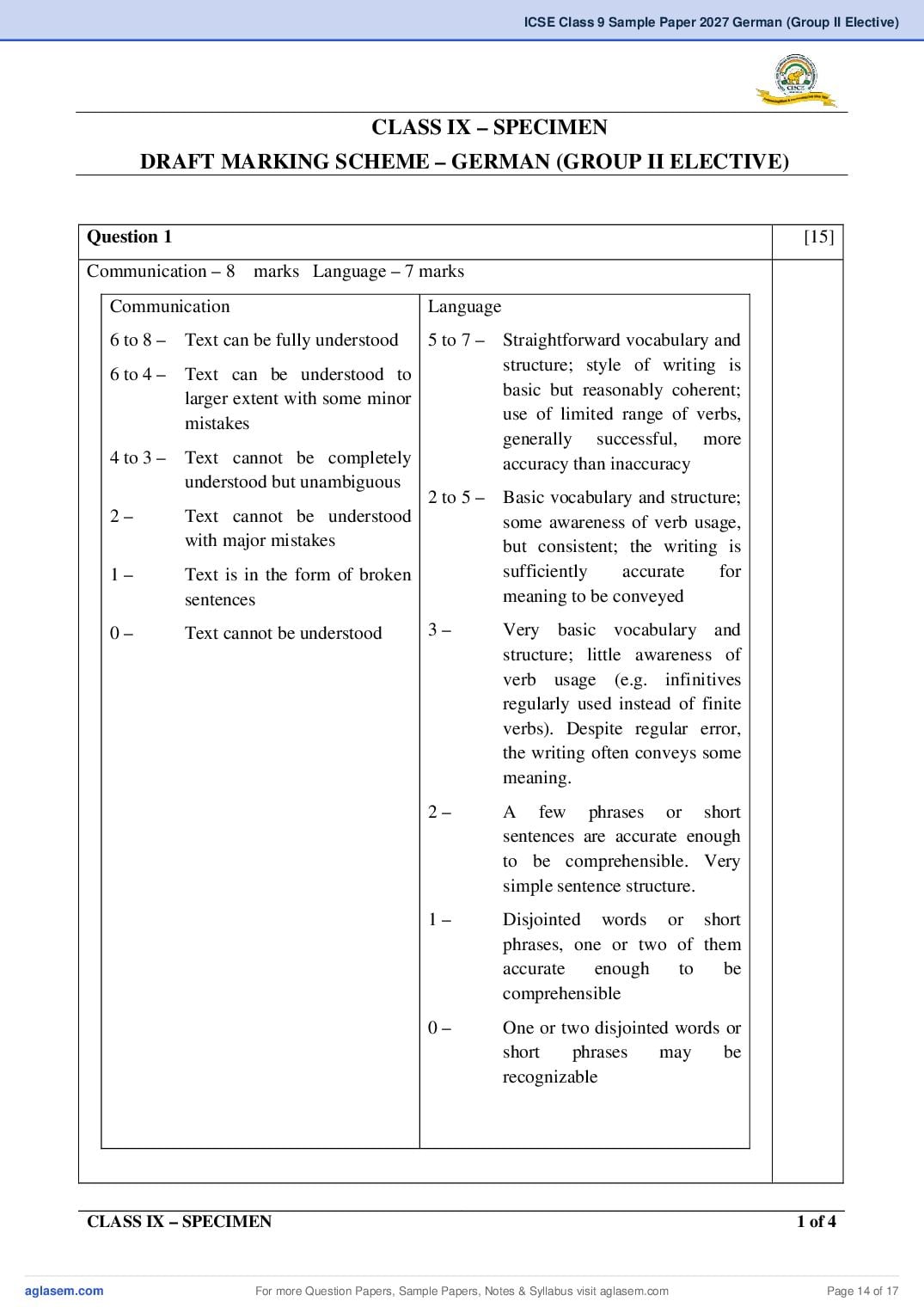 ICSE Class 9 German (Group II Elective) Specimen Paper 2027 (PDF)