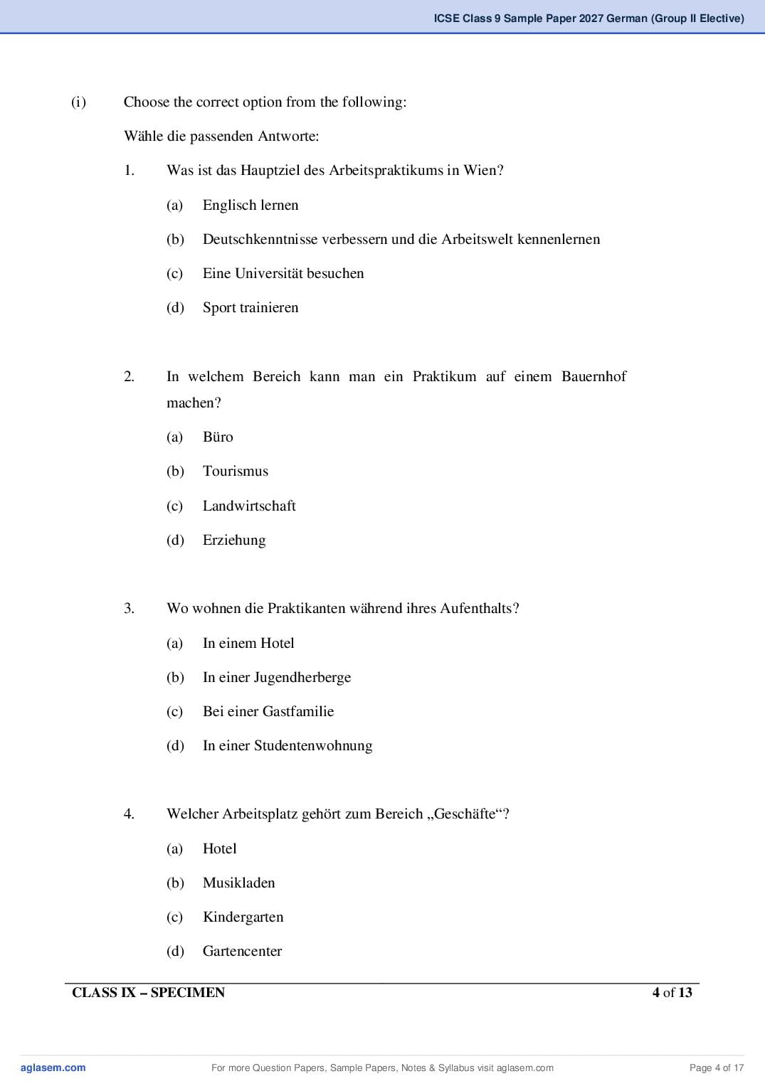ICSE Class 9 German (Group II Elective) Specimen Paper 2027 (PDF)