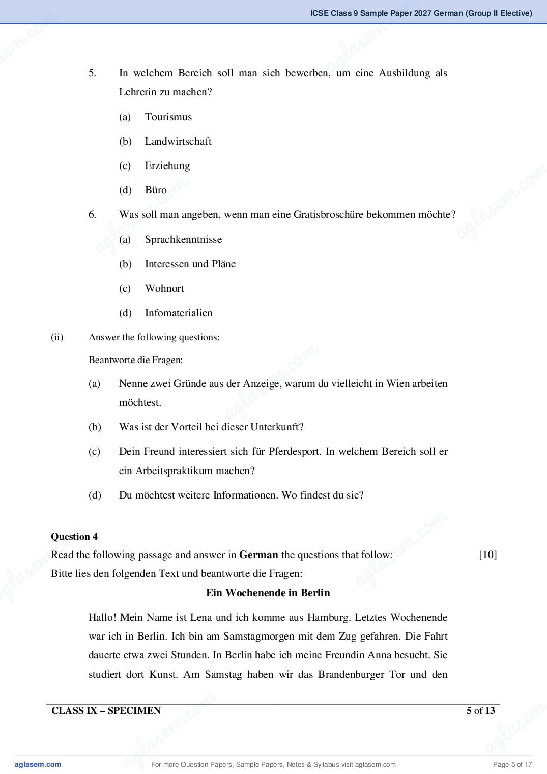 ICSE Class 9 German (Group II Elective) Specimen Paper 2027 (PDF)