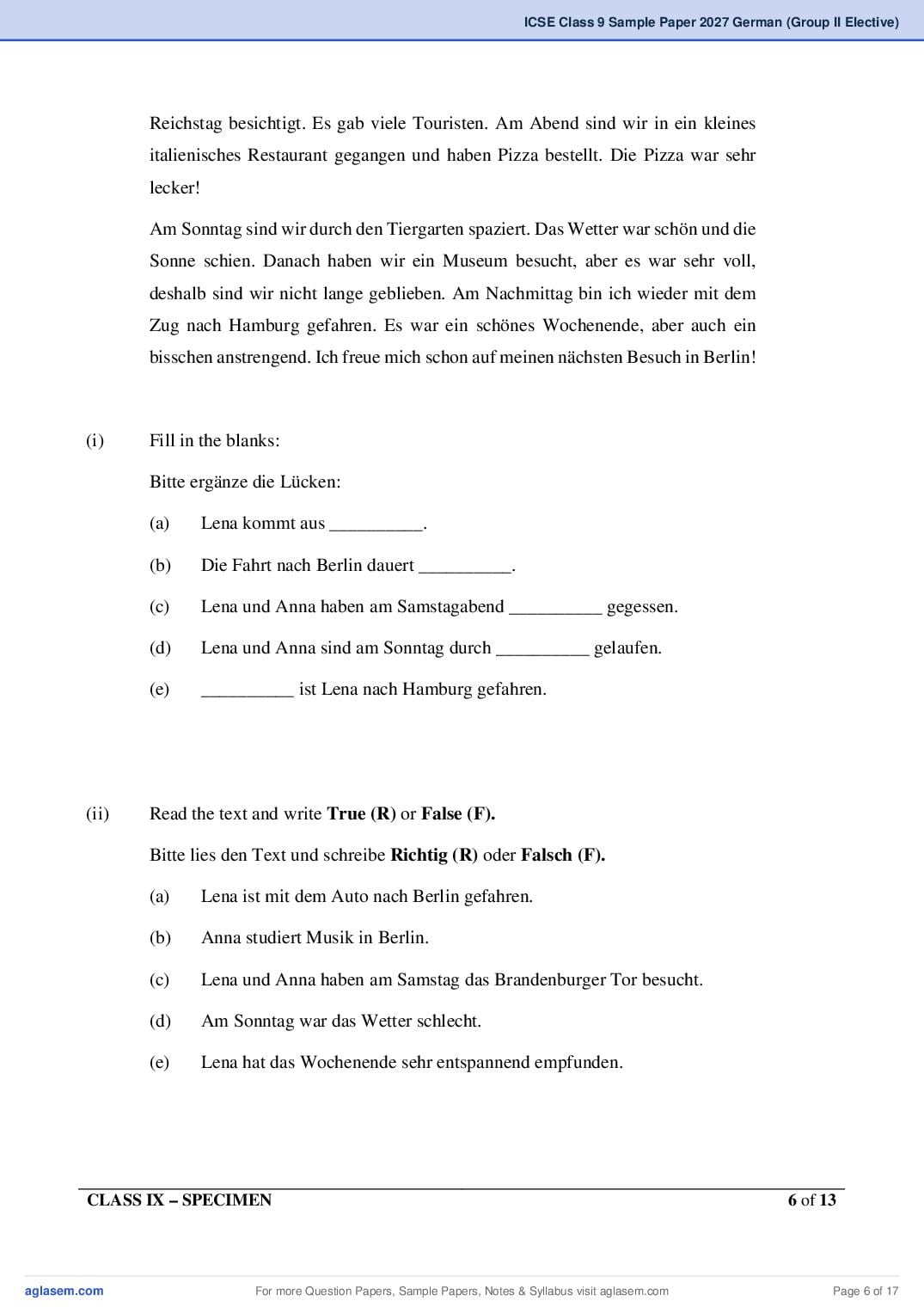 ICSE Class 9 German (Group II Elective) Specimen Paper 2027 (PDF)