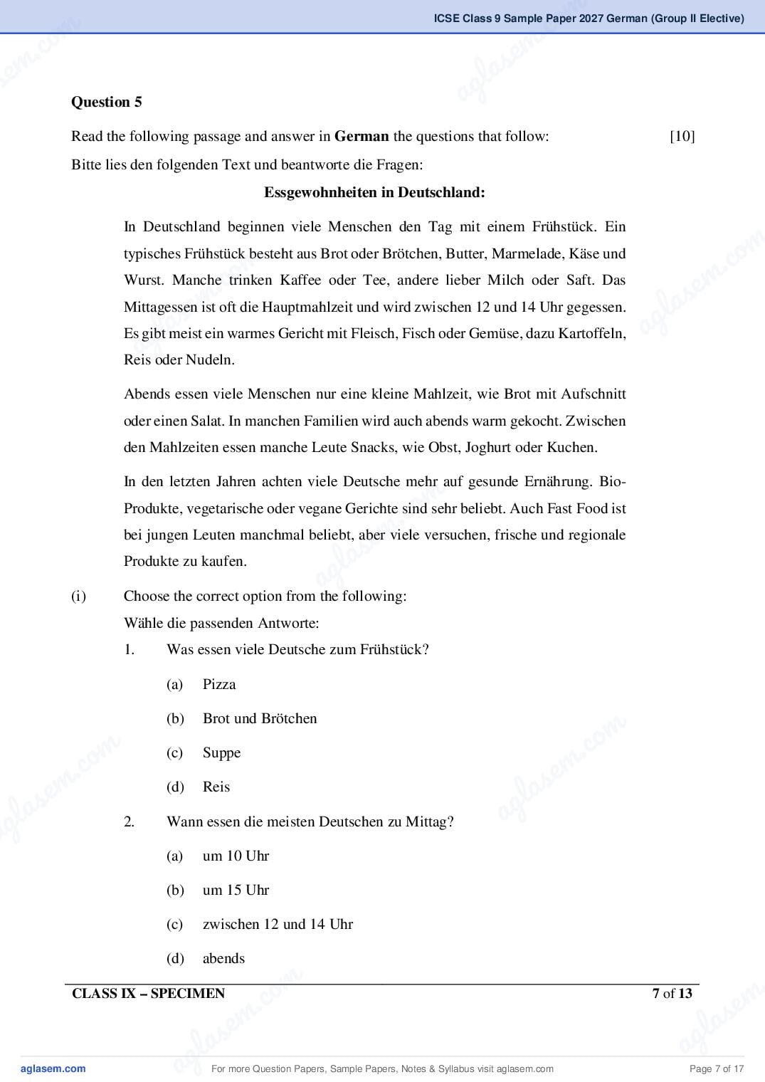 ICSE Class 9 German (Group II Elective) Specimen Paper 2027 (PDF)