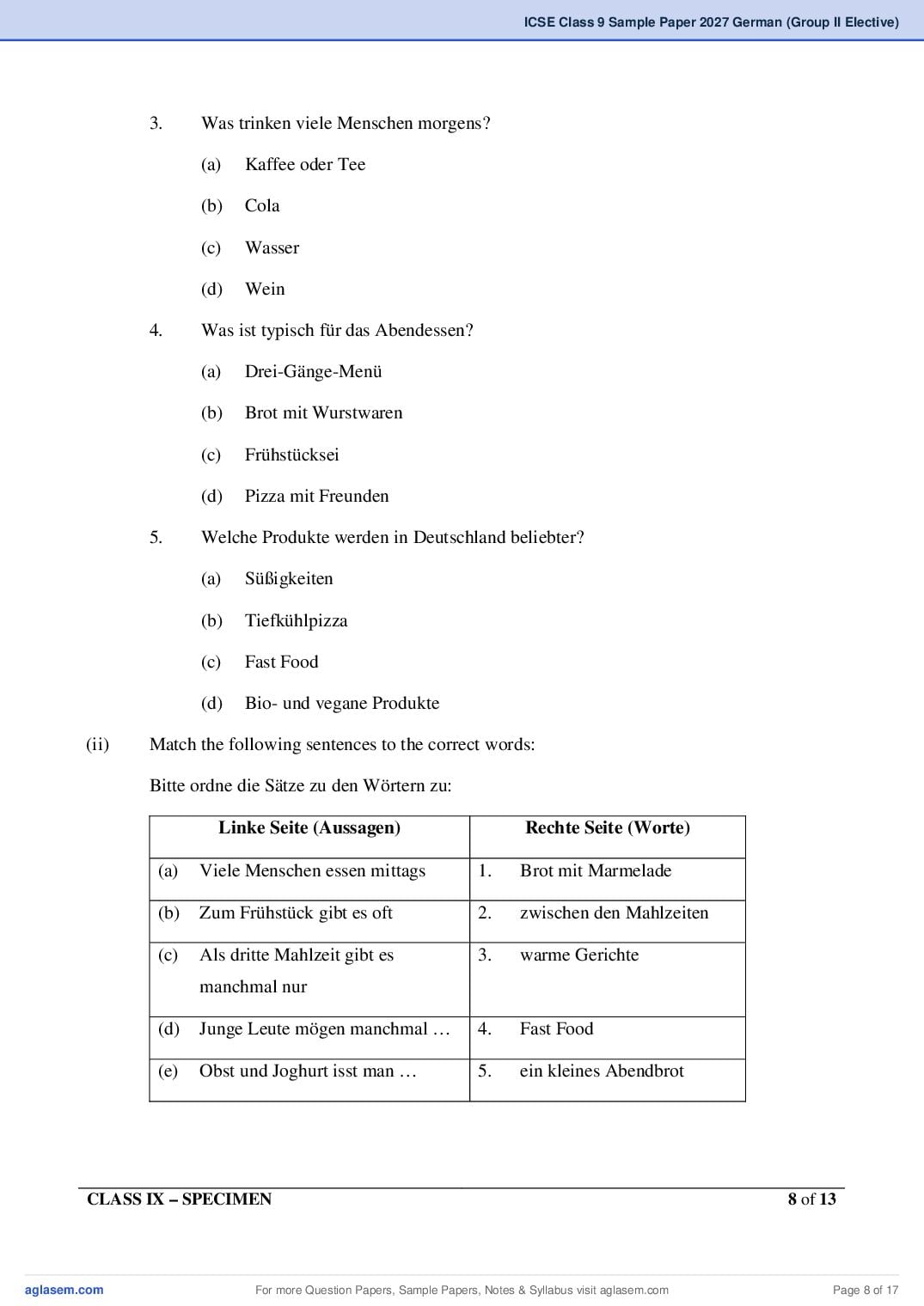 ICSE Class 9 German (Group II Elective) Specimen Paper 2027 (PDF)