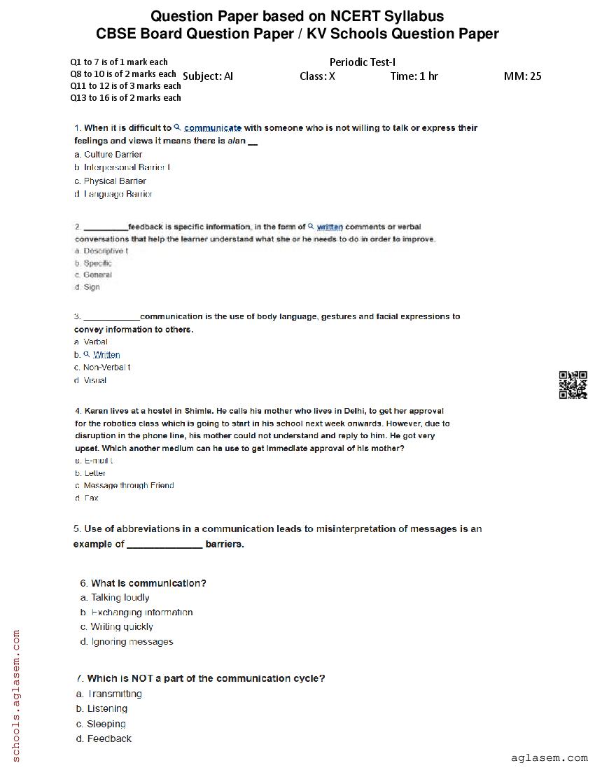 Class 10 PT 1 Question Paper Artificial Intelligence 2024-25 | Download ...