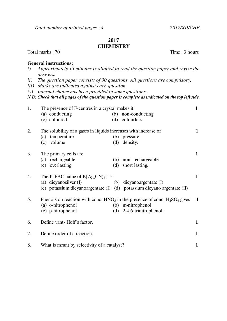 NBSE Class 12 Question Paper 2017 for Chemistry - Page 1
