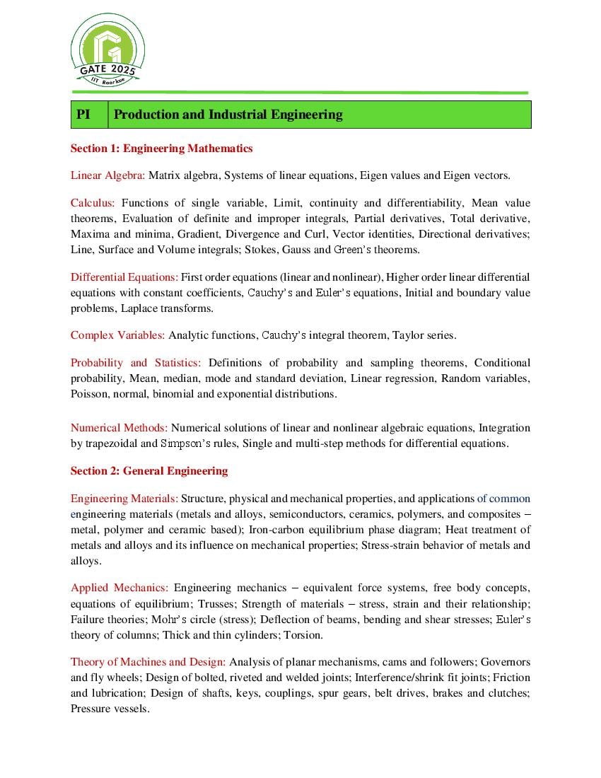 GATE 2025 Syllabus for Production & Industrial Engineering - Page 1