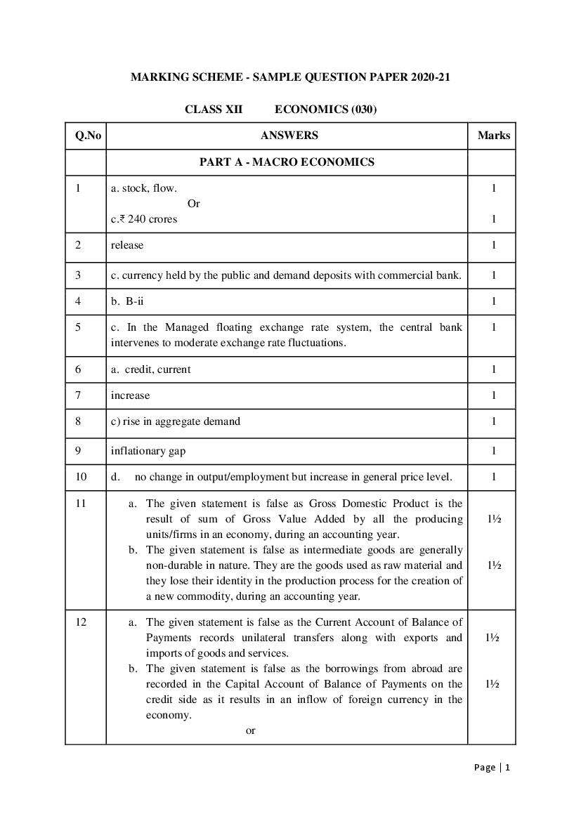 CBSE Class 12 Marking Scheme 2021 for Economics - Page 1