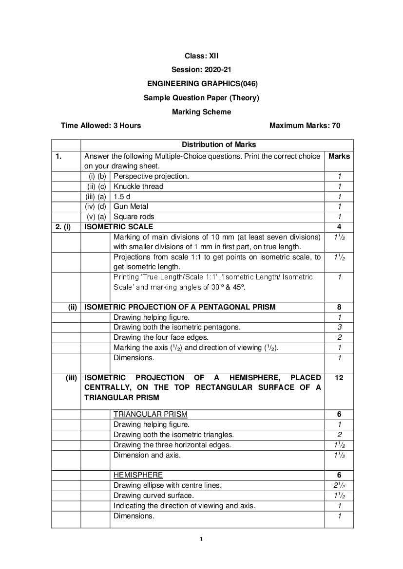 CBSE Class 12 Marking Scheme 2021 for Engineering Graphics - Page 1